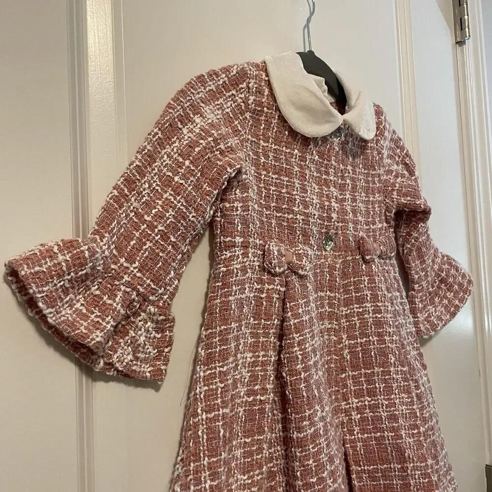 Nannette Baby Girl Tweed Dress Coat Size 24 Months Pink White Long Sleeve Preppy